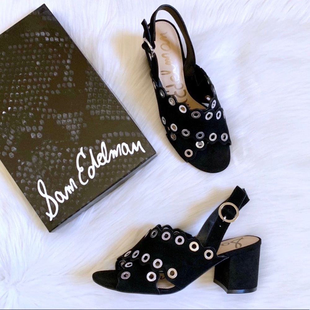 Sam Edelman Black Suede Grommet Block Heel Sandals - Picture 2 of 8